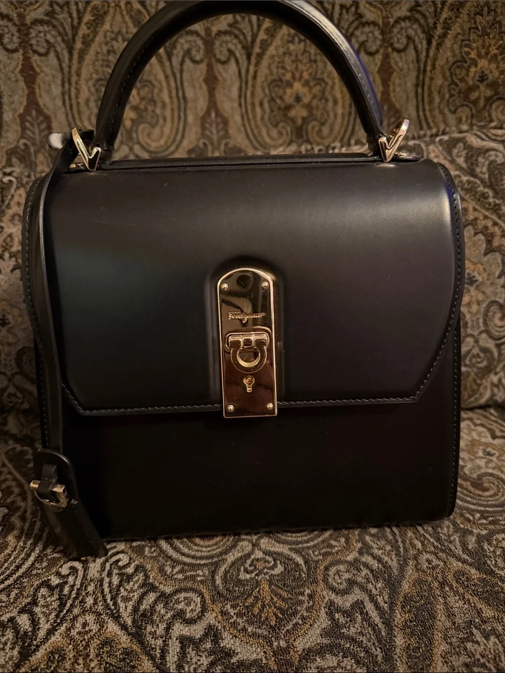 Salvatore Ferragamo Black Leather Top Handle Satchel with Gold Hardware